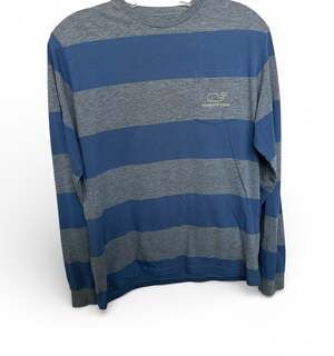 Vineyard Vines Boys XL (18) Blue and Gray Wide Striped Long Sleeve Pocket T-Shir